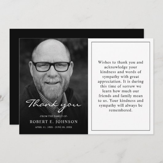 Black & White Beileid Trauer Loss Beerdigung Foto Dankeskarte (Vorne/Hinten)