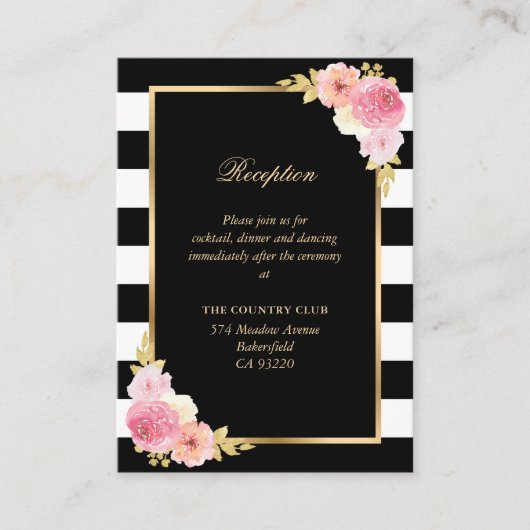 Black White Blush Pink Floral Wedding Reception Begleitkarte (Vorderseite)