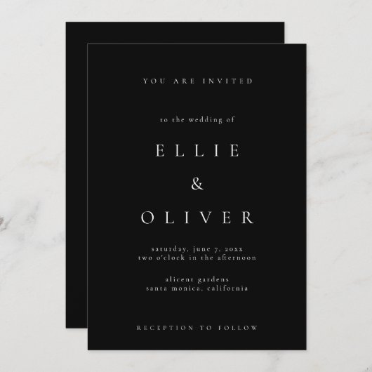 Black & White Boho Elegante Minimalistische Hochze Einladung (Vorne/Hinten)