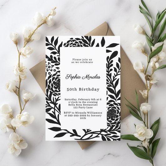 Black white botanical birthday einladung