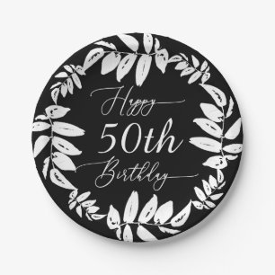 Black & White Botanical Happy 50. Geburtstagsparty Pappteller