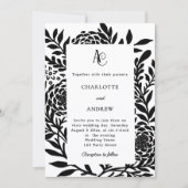 Black white botanical modern monogram wedding einladung (Vorderseite)