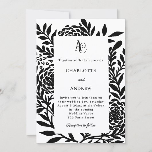 Black white botanical modern monogram wedding einladung (Vorderseite)