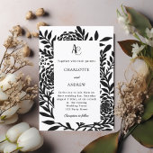 Black white botanical modern monogram wedding einladung