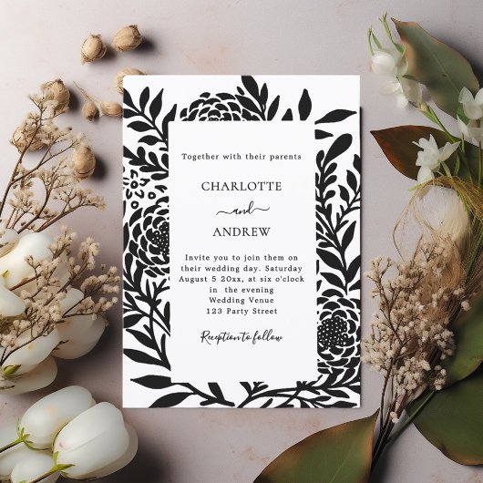 Black white botanical modern wedding einladung