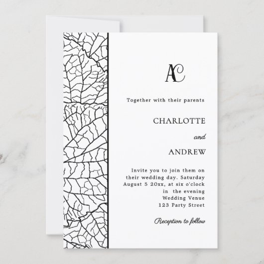 Black white botanical monogram wedding einladung (Vorderseite)