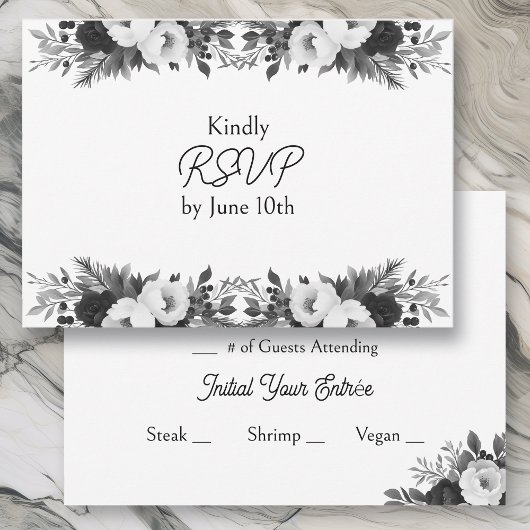 Black & White Botanical Wedding RSVP and Meals Karte