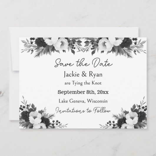 Black & White Botanical Wedding Save the Date (Vorderseite)