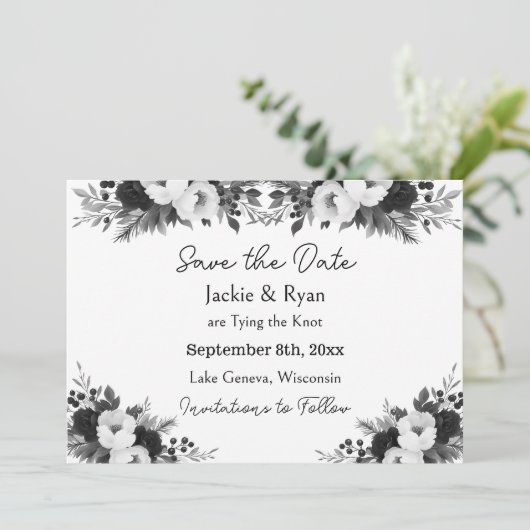 Black & White Botanical Wedding Save the Date (Stehend Vorderseite)