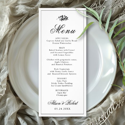 Black white branch Old Money wedding menu card Werbekarte