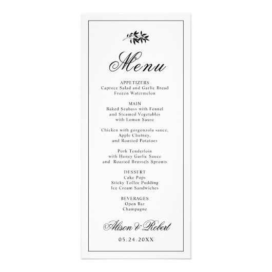 Black white branch Old Money wedding menu card Werbekarte (Vorne)