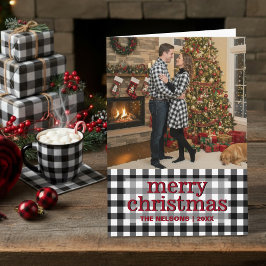 Black & White Buffalo Plaid Merry Christmas Photo Feiertagskarte