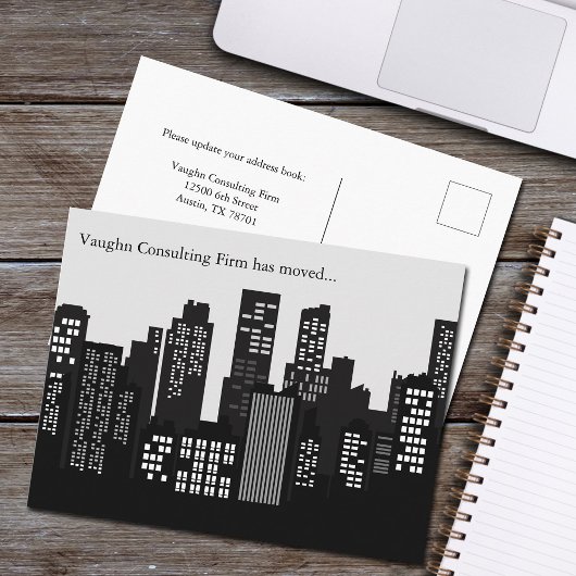 Black White Building Skyline Business Moving Ankündigungspostkarte