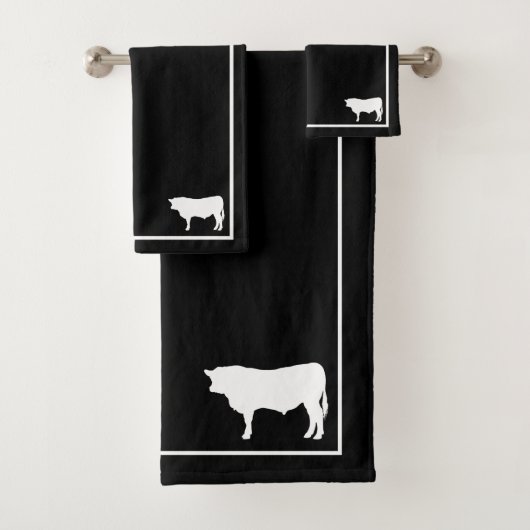 Black & White Bull Silhouette Modernes Bauernhaus Badhandtuch Set (Insitu)