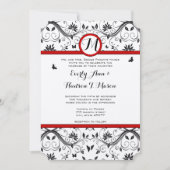Black & White Butterfly Damask Red Trim Wedding Einladung (Vorderseite)