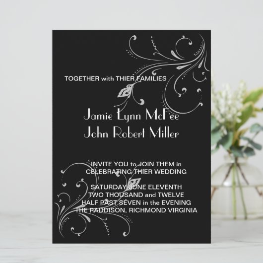 Black & White Butterfly Scroll Hochzeit Einladung (Stehend Vorderseite)