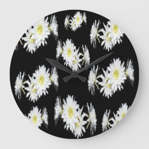 Black White Cacti Flower Pattern, Large Wall Clock Große Wanduhr