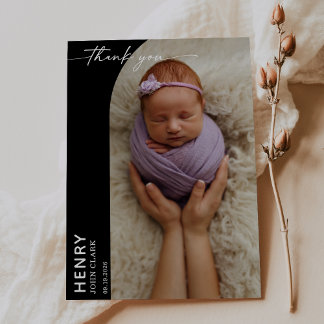 Black White Calligraphy Photo Baby Thank You Card Einladung