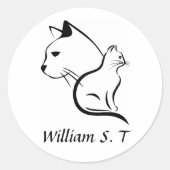 Black & White Cat Line Art with Personalized Name Runder Aufkleber (Vorderseite)