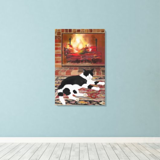 Black White Cat Lying front of Fireplace Leinwanddruck (Insitu (Holzboden))