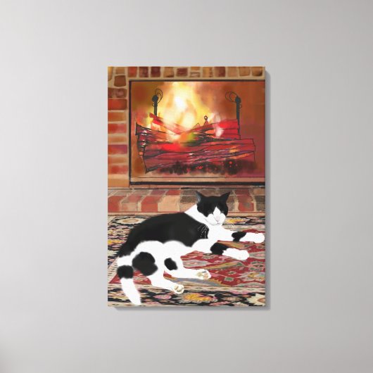 Black White Cat Lying front of Fireplace Leinwanddruck (Vorderseite)