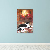 Black White Cat Lying front of Fireplace  Leinwanddruck (Insitu (Holzboden))