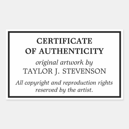 Black White Certificate of Authenticity Rechteckiger Aufkleber (Vorderseite)
