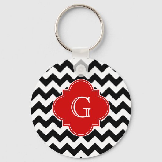 Black White Chevron Red Quatrefoil Monogram Schlüsselanhänger (Vorderseite)
