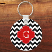 Black White Chevron Red Quatrefoil Monogram Schlüsselanhänger (Vorderseite)