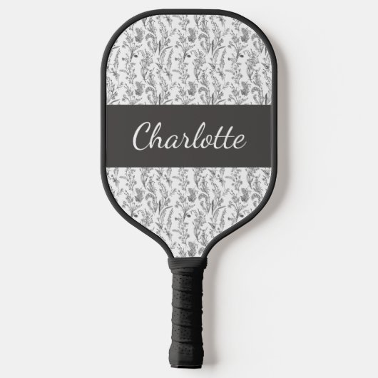 Black White Chic Toile Floral Custom Name Pickleball Schläger (Rückseite)