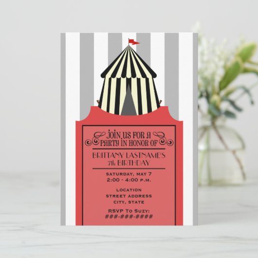Black & White Circle Zelt mit Red Ticket Geburtsta Einladung (Stehend Vorderseite)