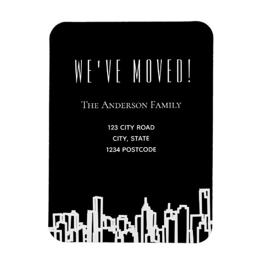 Black white city skyline we moved announcement magnet (Vertikal)