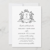 Black & White Classic Floral Crest Wedding Einladung (Vorderseite)