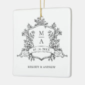Black & White Classic Floral Crest Wedding Photo Keramikornament (Links)