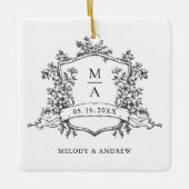 Black & White Classic Floral Crest Wedding Photo Keramikornament (Vorderseite)