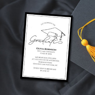 Black White Classic Graduation cap typography Einladung