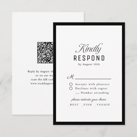 Black White Classy Script Elegant QR code Wedding RSVP Karte (Vorne/Hinten)