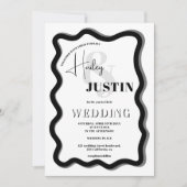 black white curve squiggle wavy wedding photo einladung (Vorderseite)