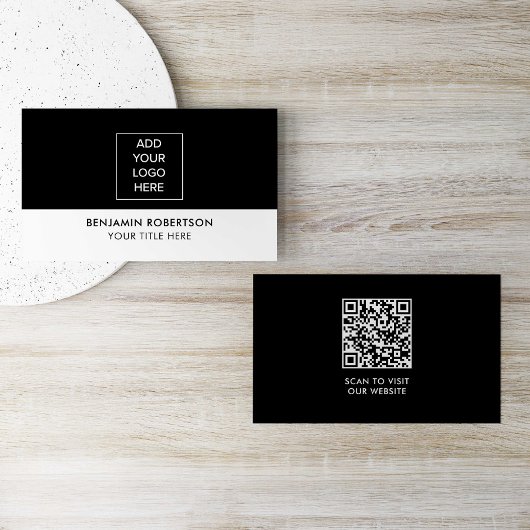 Black White Custom Logo QR Code Modern Simple Visitenkarte