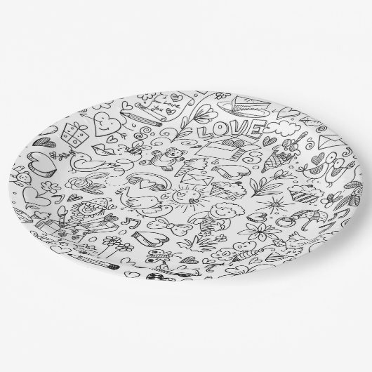 Black & White Cute Doodle Pappteller (Schrägansicht)