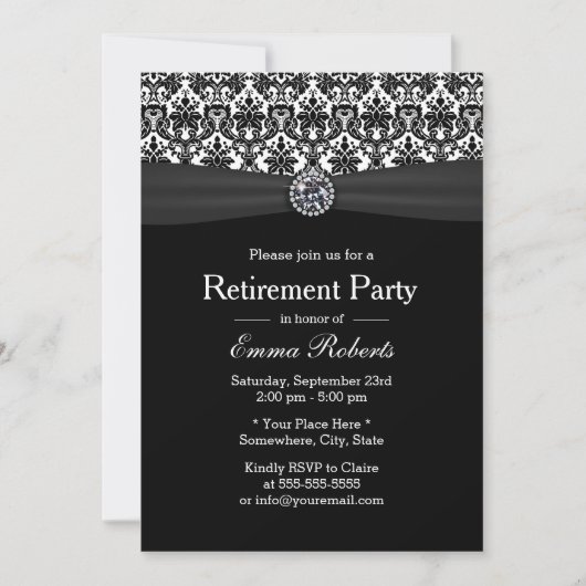 Black & White Damask Diamant-Renten-Party Einladung (Vorderseite)