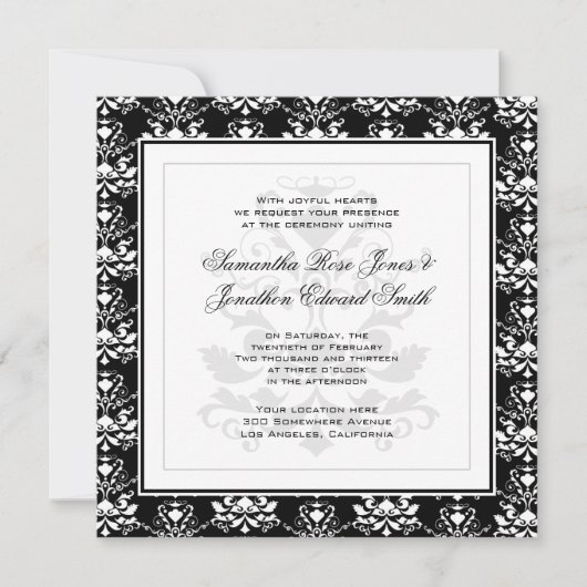 Black & White Damask Elegante Hochzeit Einladung (Vorderseite)