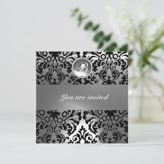 BLACK & WHITE DAMASK GEM STEIN MONOGRAM EINLADUNG (Stehend Vorderseite)