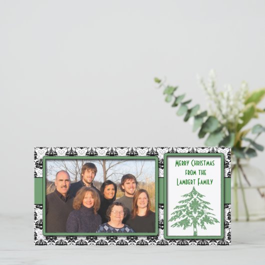 Black & White Damask GreenTree Frohe Weihnachten (Stehend Vorderseite)