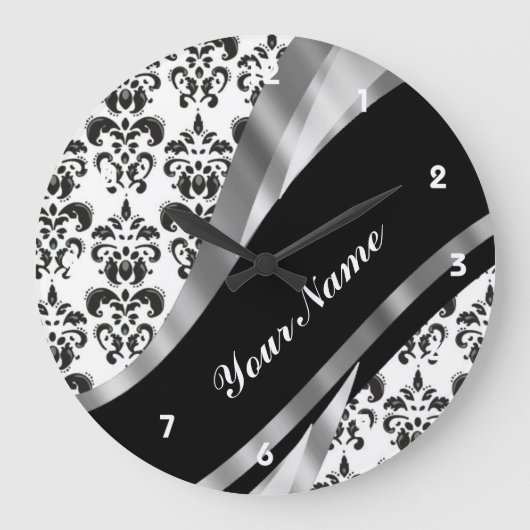 Black & White Damask Große Wanduhr (Vorderseite)
