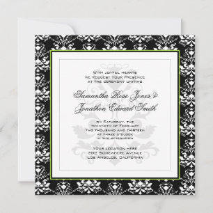 Black & White Damask Grünes Foto Hochzeit Einladun Einladung