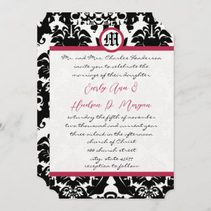 Black & White Damask Magenta Trim Wedding Einladung