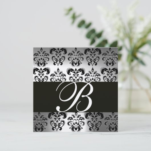 BLACK & WHITE DAMASK MONOGRAM Champagner-Mondstein Einladung (Stehend Vorderseite)