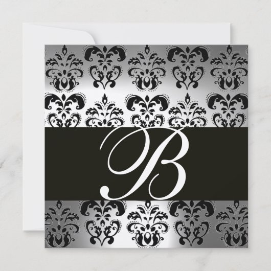 BLACK & WHITE DAMASK MONOGRAM Silbermondstein Einladung (Vorderseite)