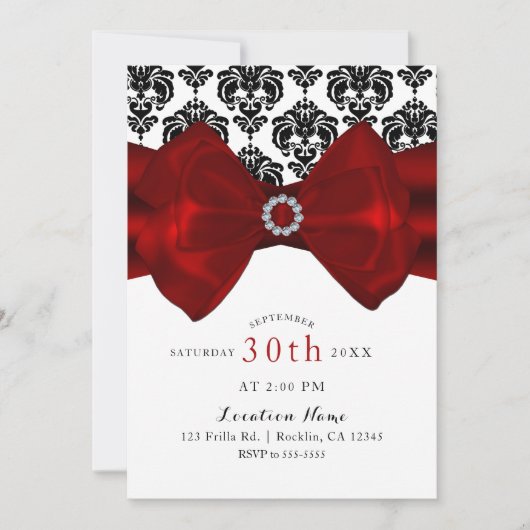 Black & White Damask Red Bow Glam Sweet 16 Party Einladung (Vorderseite)